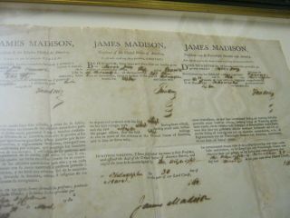Presidents JAMES MADISON JAMES MONROE Dual AUTOGRAPH Ship ' s Papers SIGNED 1812 5