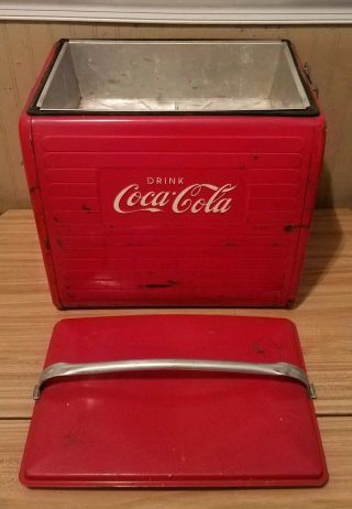 RARE 1940 ' s Coca Cola Soda Pop Picnic Cooler Embossed Metal with Sandwich Tray 2