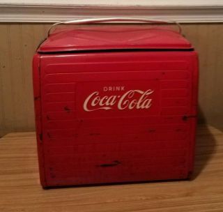 RARE 1940 ' s Coca Cola Soda Pop Picnic Cooler Embossed Metal with Sandwich Tray 4