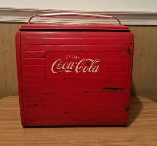 RARE 1940 ' s Coca Cola Soda Pop Picnic Cooler Embossed Metal with Sandwich Tray 7