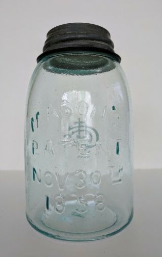 Aqua Cfjco Midget Pint Jar.  Has A Few Minor Lip Chips As Seen In Photos.
