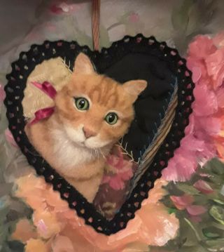 Ginger Tabby Cat On Antique Crazy Quilt Heart Ornament Fabric Art By Renate 