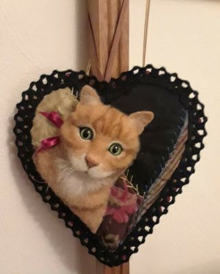 GINGER TABBY CAT ON ANTIQUE CRAZY QUILT HEART ORNAMENT FABRIC ART by RENATE ' 2