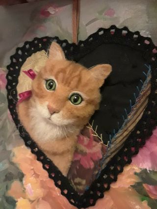 GINGER TABBY CAT ON ANTIQUE CRAZY QUILT HEART ORNAMENT FABRIC ART by RENATE ' 3