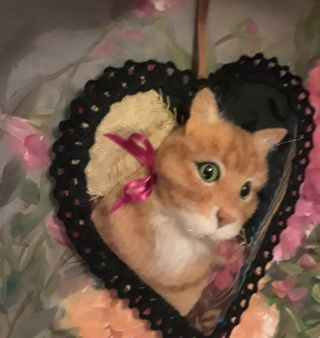GINGER TABBY CAT ON ANTIQUE CRAZY QUILT HEART ORNAMENT FABRIC ART by RENATE ' 4