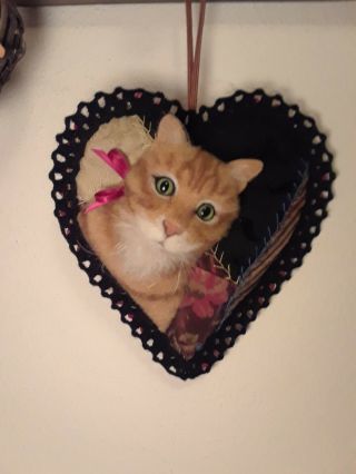 GINGER TABBY CAT ON ANTIQUE CRAZY QUILT HEART ORNAMENT FABRIC ART by RENATE ' 5
