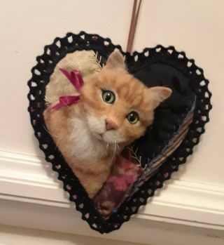 GINGER TABBY CAT ON ANTIQUE CRAZY QUILT HEART ORNAMENT FABRIC ART by RENATE ' 6