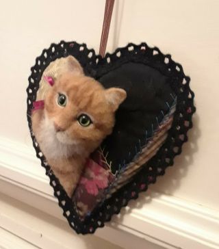 GINGER TABBY CAT ON ANTIQUE CRAZY QUILT HEART ORNAMENT FABRIC ART by RENATE ' 7