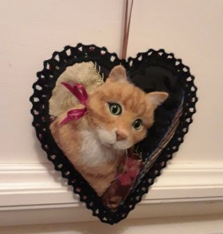GINGER TABBY CAT ON ANTIQUE CRAZY QUILT HEART ORNAMENT FABRIC ART by RENATE ' 8