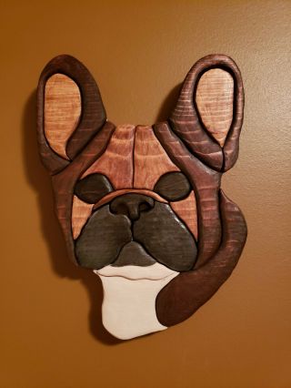 OOAK Hand made painted Fawn Black Mask French Bulldog pine wood wall art piece 3