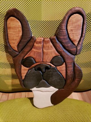 OOAK Hand made painted Fawn Black Mask French Bulldog pine wood wall art piece 7