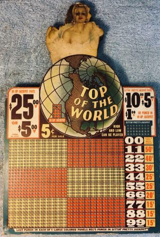Vintage 1930s " Top Of The World " 1200 Punch Board,  Unusual Graphics