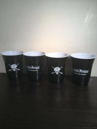 Captain Morgan Heavy Plastic Reusable Solo Cups Black & White Set Of 4 Four