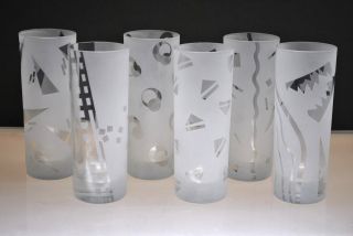 Rare Set Of (6) Frosted Tom Collins Glasses Geometric Designs (signed)