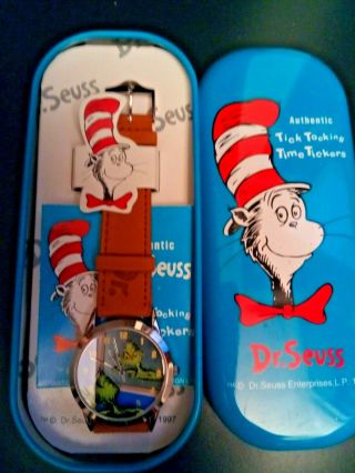 Dr.  Seuss Cat In The Hat Tick Tocking Time Tickers Grinch Watch - Rare