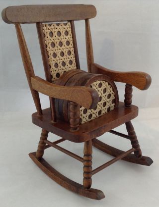 Miniature Wooden Rocking Chair Caned Back Holds 6 Coasters Rattan Wicker Barware