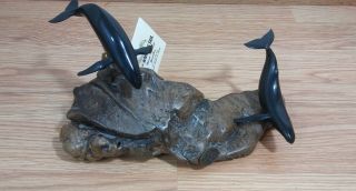 John Perry Black Two Humpback Whales Sculpture Swimming On Burl Wood Base