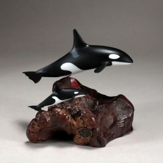 Orca & Calf By John Perry 6in Tall Medium Up - Tail Version Killer Whale Sculpture