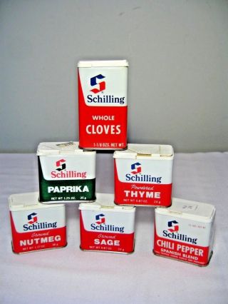 6 Vintage Schilling Spice Tins – Cloves,  Thyme,  Paprika,  Nutmeg,  Sage,