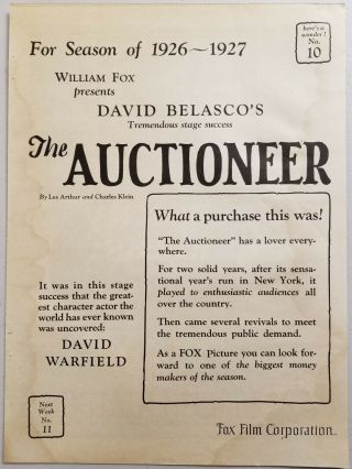 1926 Silent Movie Ad " The Auctioneer " William Fox Presents By David Belasco