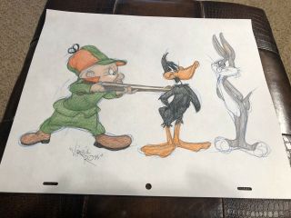 Virgil Ross Sketch - Bugs Bunny,  Daffy And Elmer Fudd.  Signed 12.  5x10.  5”