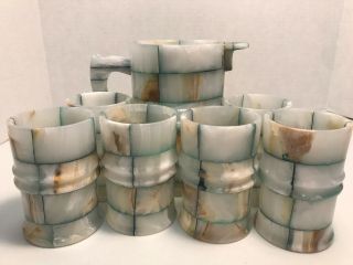 Rare Set Hand Carved Natural Onyx Marble Agate Tea Cups & Pitcher Mug Stone