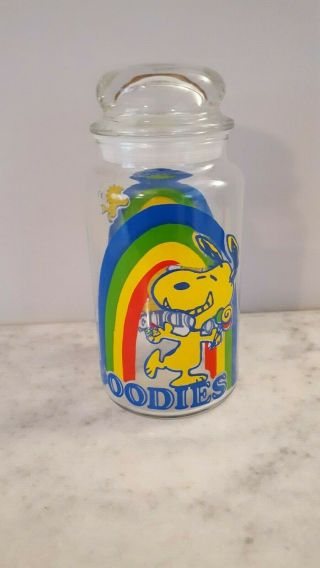 Vintage Rare Snoopy Peanuts Glass Goodies Jar Container With Lid 1965 8 
