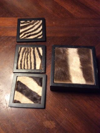 Ashanti Zebra Hide And Wood Drink Coasters Set Of 3 And Box Hard To Find 3