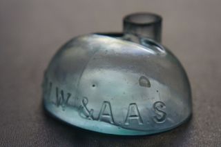 UNUSUAL ANTIQUE HALF OVAL INK BOTTLE - EMBOSSED G.  M.  W.  & A.  A.  S. 3
