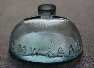 UNUSUAL ANTIQUE HALF OVAL INK BOTTLE - EMBOSSED G.  M.  W.  & A.  A.  S. 8