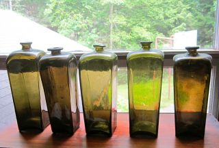 5 Late 18th /early 19th Century Olive Green Case Gin Bottles: Flared Lip,  Pontil