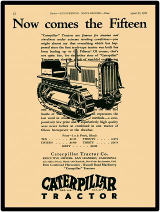 1929 Caterpillar Diesel Engines Metal Sign: " Now Comes The Fifteen.  "
