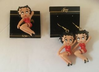 Vintage Betty Boop Pin Up Figure Dangle Pierced Earrings And Pin Set Kfs 1986