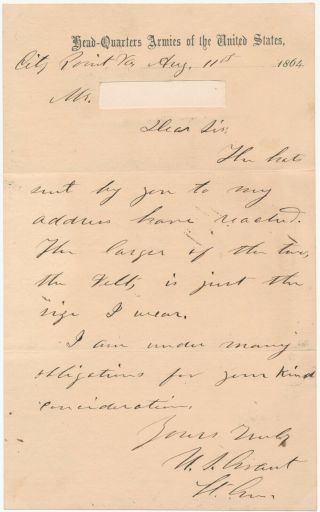 Ulysses S.  Grant - 1864 Autograph Letter Signed - Acquires General - In - Chief Hat