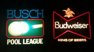 Vtg Budweiser King Of Beers & Busch Pool League Light Up 18 " X 18 " Bar Pub Signs