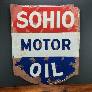 Vintage Double Sided Sohio Porcelain Motor Oil Sign Patina Gas Station