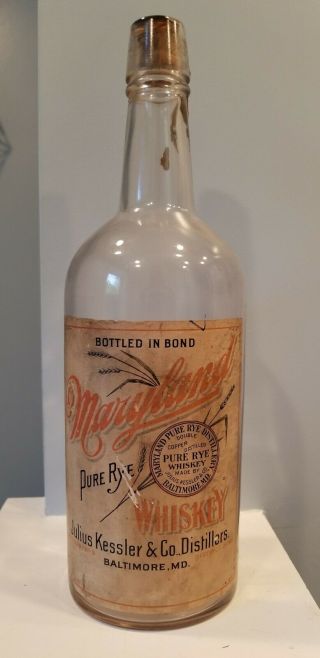 Julius Kessler&co Maryland Pure Rye Baltimore Md Pre Pro Labeled Whiskey Bottle