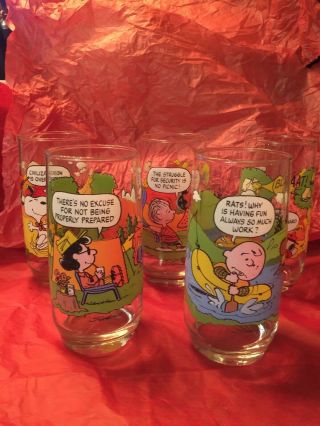 Vintage 1983 Complete Set Of 5 Mcdonalds Peanuts Camp Snoopy Glasses