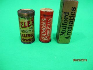 3 Vintage Sample Medicine Tins Helex Powder Mulford Aromatics Ramon 