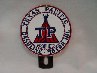 Texas Pacific Products Gasoline Motor Oil Porcelain 2 Piece License Plate Topper