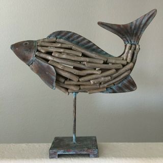 Large Handcrafted Primitive Metal & Wood Art Fish Sculpture Table Cabinet Decor