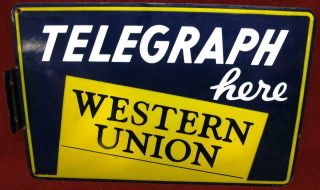 Vintage Porcelain Enamel Double Sided Western Union Telegraph Sign