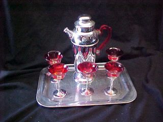Vintage Art Deco Chrome & Red Cocktail Shaker W Glasses & Tray
