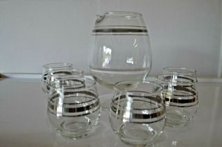Vintage Bar Set Cocktail Pitcher With 6 Matching Roly Poly Glasses