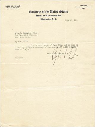 Ogden L.  Mills - Typed Letter Signed 06/30/1921
