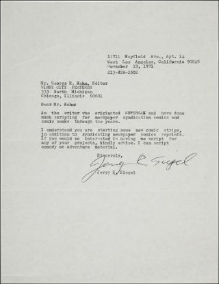 Jerry R.  Siegel - Typed Letter Signed 11/19/1971