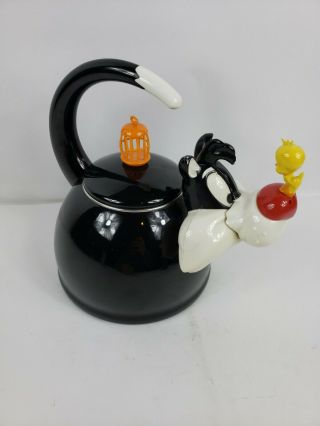 Sylvester Cat & Tweety Bird Whistling Tea Kettle By M Kamenstein Black Enamel
