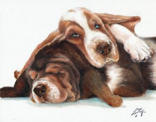 Oil Art Portrait Painting Basset Hound Artist Signed Artwork Puppy Dog
