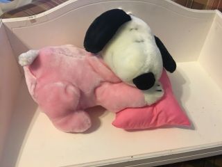 Baby Snoopy Plush In Pink Pajamas With Pillow Rare - 10” Long - -
