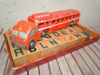 Very Rare Lego Denmark Wooden Toys - 1950s - Semitrailer Bus And Blocks
